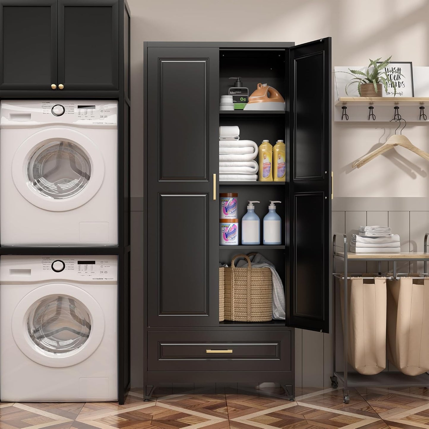 75" Kitchen Pantry Cabinet with Drawer, Metal Storage Cabinets with Doors and 4 Adjustable