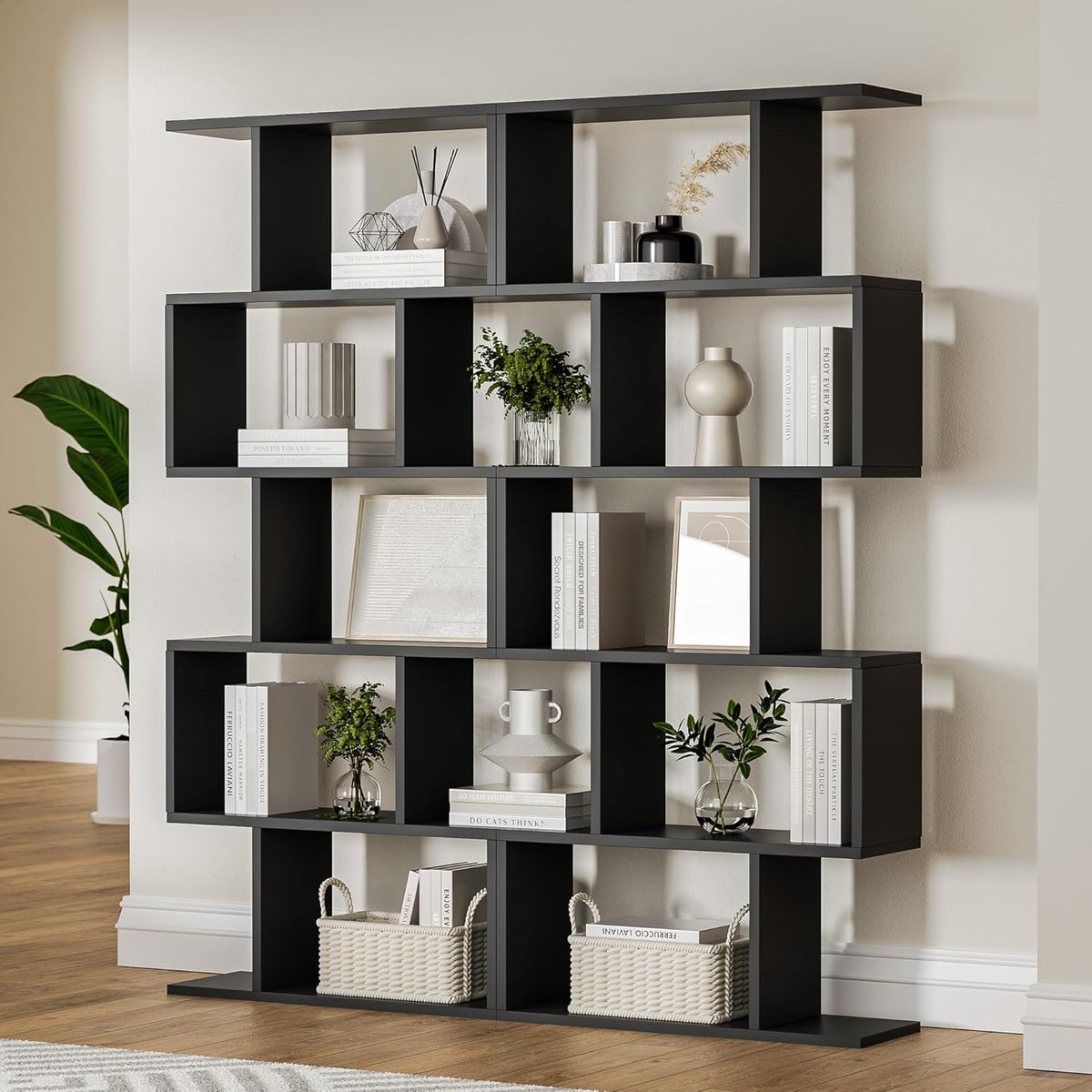 Black 5-Tier Geometric Bookcase, S-Shaped Modern Bookshelf Set of 2, 62.6" Tall Room Divider Book