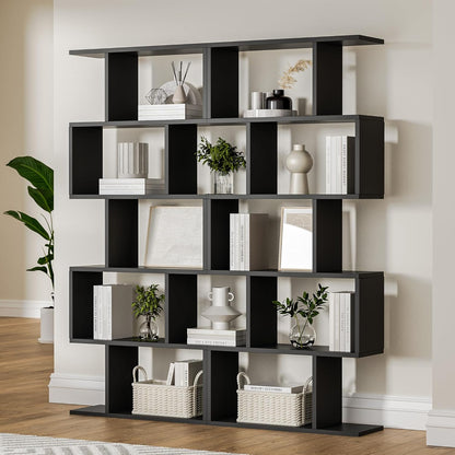Black 5-Tier Geometric Bookcase, S-Shaped Modern Bookshelf Set of 2, 62.6" Tall Room Divider Book