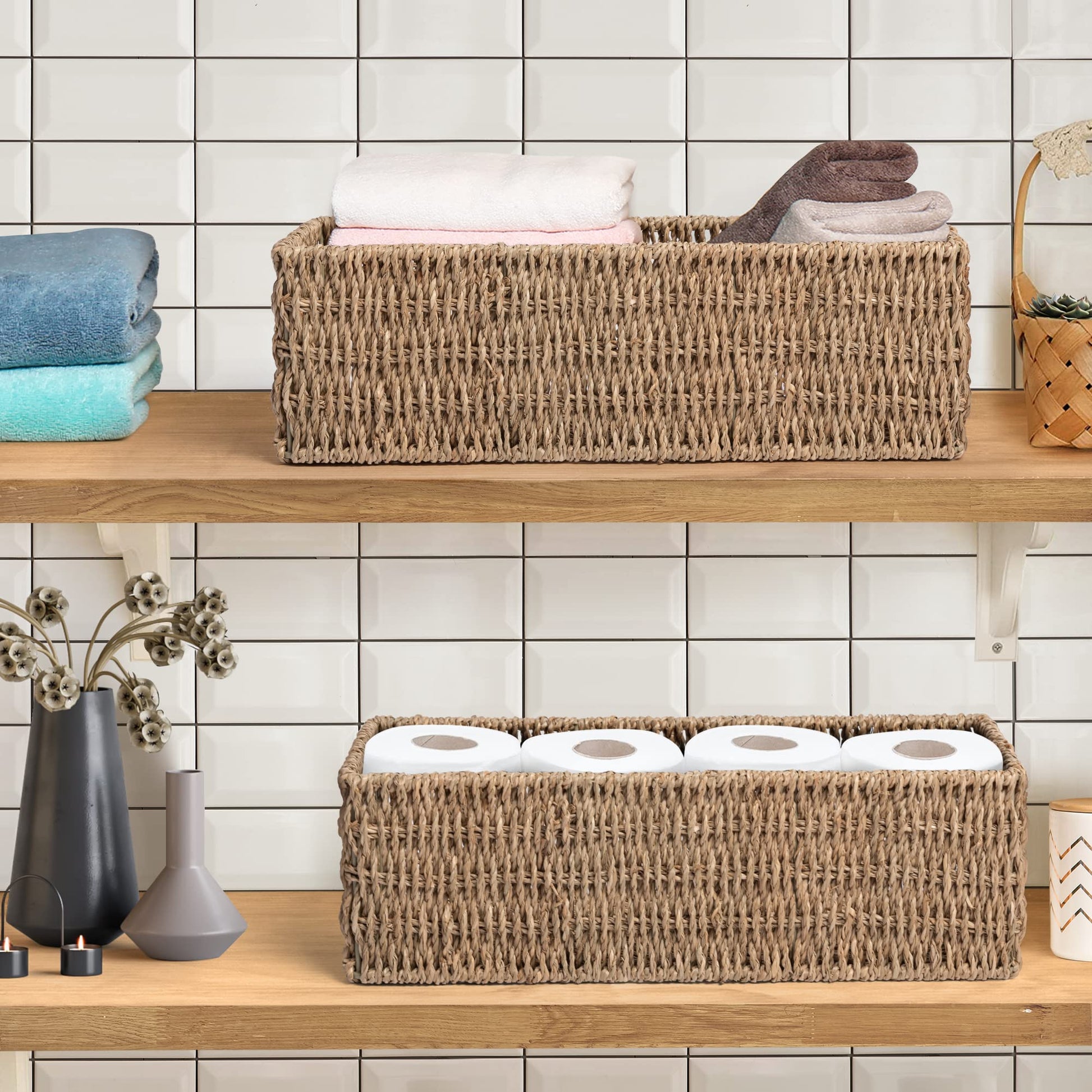JS HANGER Toilet Basket Tank Topper， Seagrass Storage Baskets, Rectangular Wicker Baskets for