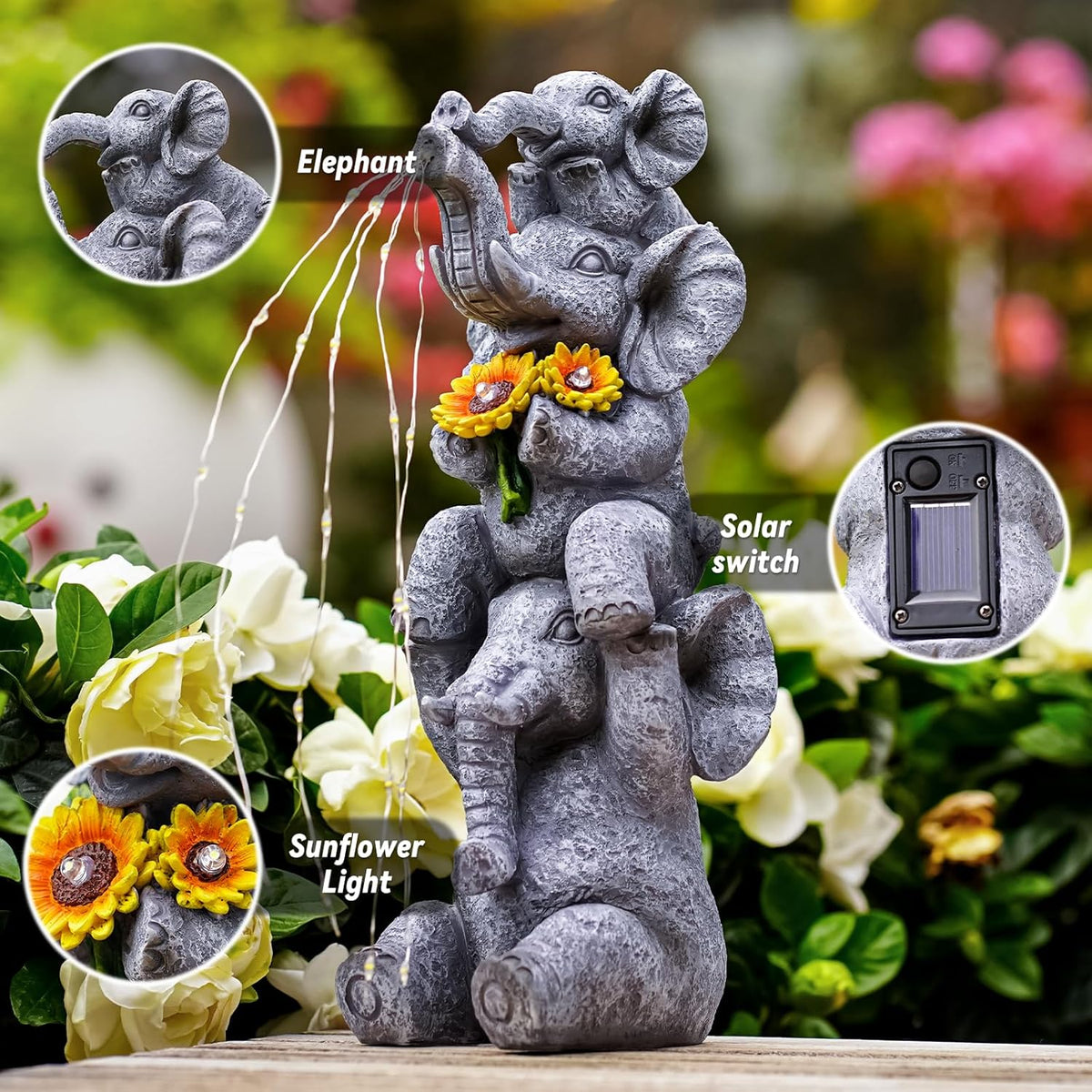 Solar Garden Decor Elephant Statue Outdoor, Luck Triple Elephant Decorations for Yard Porch Lawn