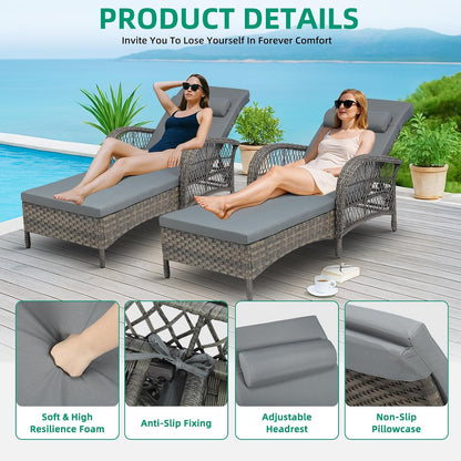 VIVIJASON Outdoor Wicker Chaise Lounge Chair Set of 2, All-Weather PE Rattan Cushioned Patio