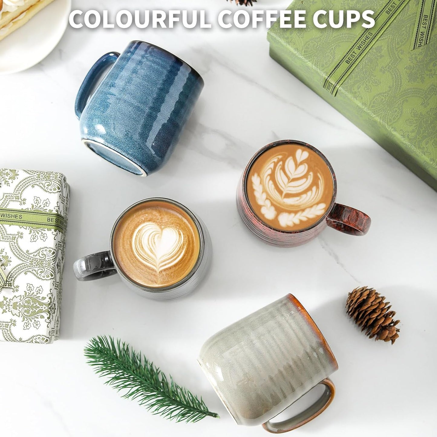 Hasense Coffee Mugs Set of 4, 12 Oz Stoneware Coffee Cups with Large Handle, Colorful Rustic Mug