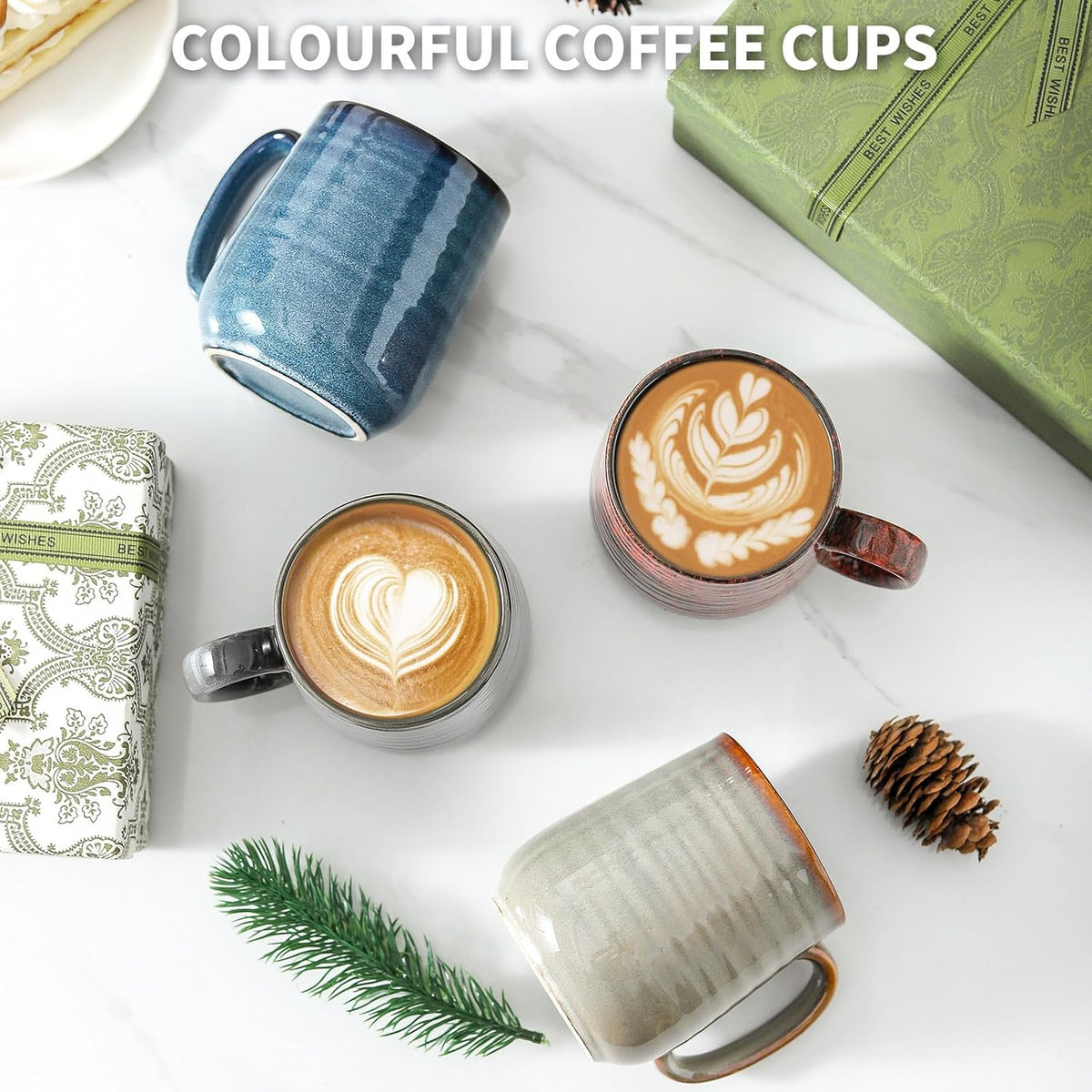Hasense Coffee Mugs Set of 4, 12 Oz Stoneware Coffee Cups with Large Handle, Colorful Rustic Mug