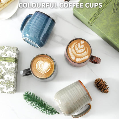 Hasense Coffee Mugs Set of 4, 12 Oz Stoneware Coffee Cups with Large Handle, Colorful Rustic Mug