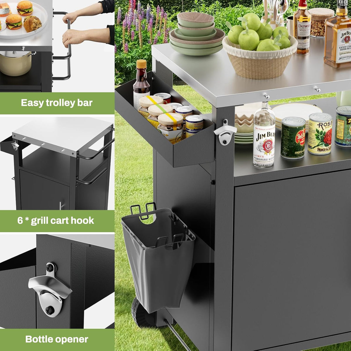 KEIKI Outdoor Grill Cart with Storage and Wheels, Rolling BBQ Prep Table with Spice Rack, Hooks