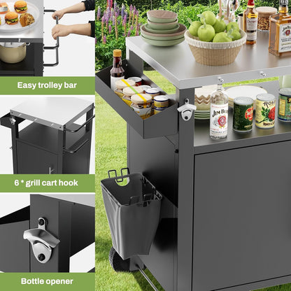 KEIKI Outdoor Grill Cart with Storage and Wheels, Rolling BBQ Prep Table with Spice Rack, Hooks