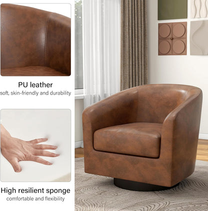 Swivel Barrel Accent Chair, Modern Round Faux Leather Arm Chair for Living Room, Bedroom, Comfy