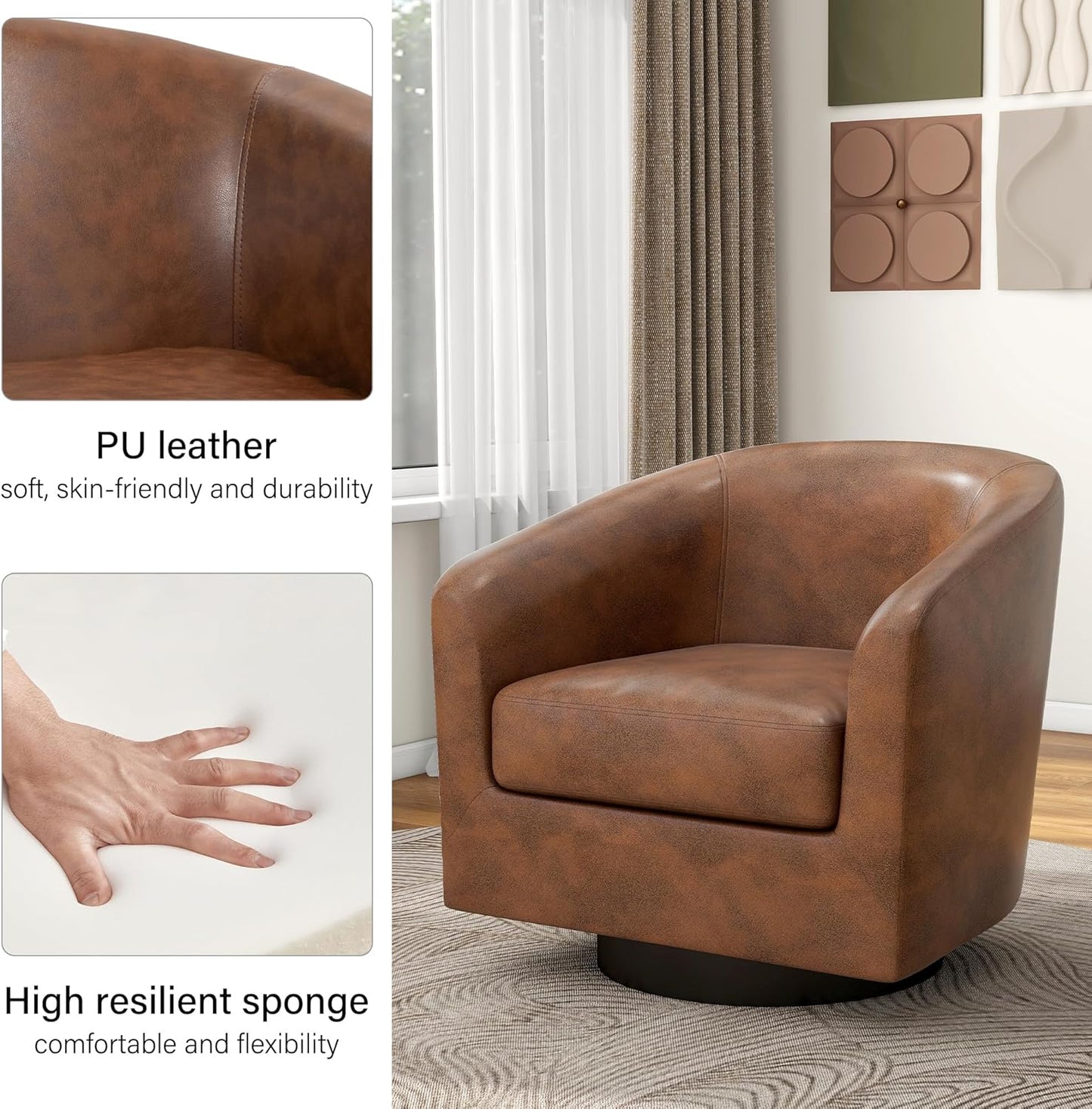 Swivel Barrel Accent Chair, Modern Round Faux Leather Arm Chair for Living Room, Bedroom, Comfy