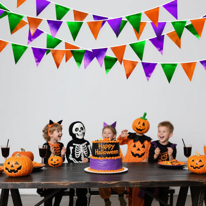 Halloween Party Decorations Metallic Fabric Green Orange Purple Triangle Pennant Banner Flag