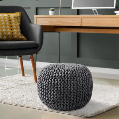 Casafield Round Pouf Ottoman, Dark Gray - 20" Diameter x 14.5" High Cotton Knit Foot Stool - Boho