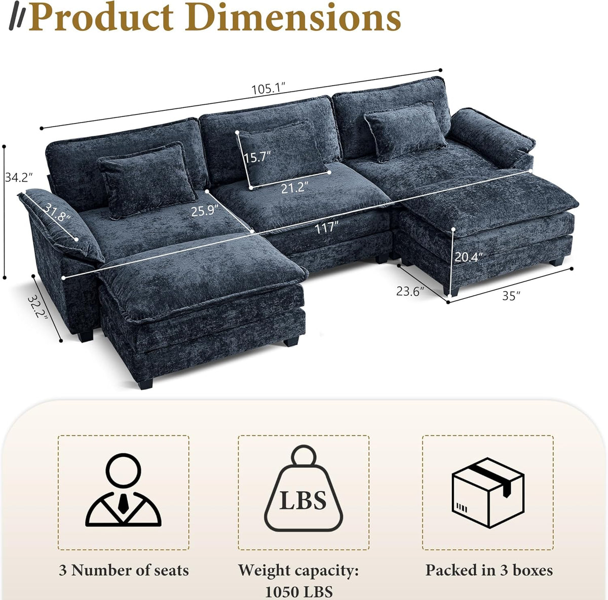 URRED Modular Sectional Sofa Comfy Cloud Couch, Modern Chenille Sofa Sleeper Deep Seat Couches with