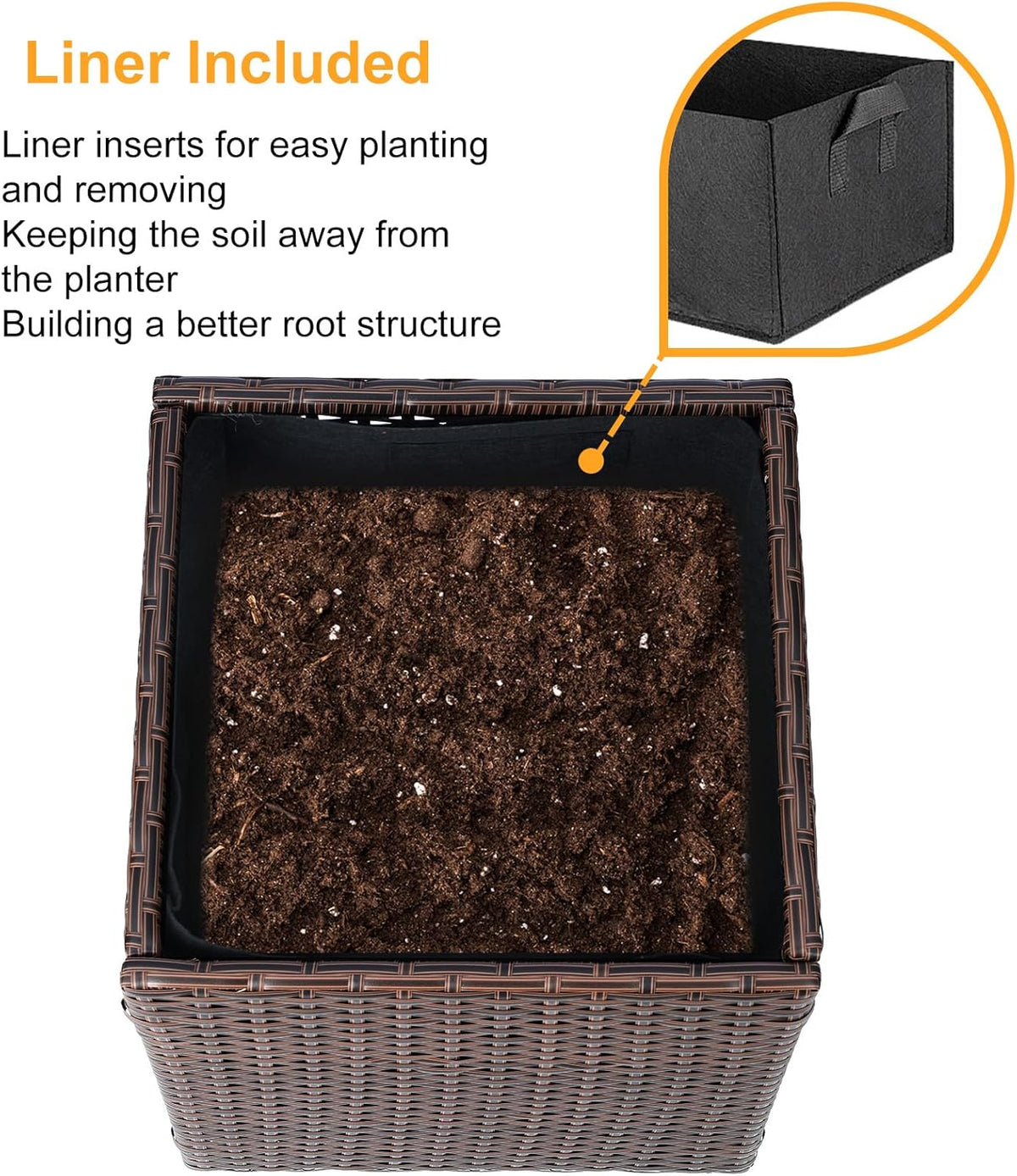 SUNNYPARK Set of 2 Large Square Planter with Removable Liner, All-Weather PE Rattan Modern Planters