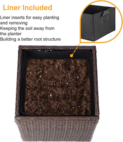 SUNNYPARK Set of 2 Large Square Planter with Removable Liner, All-Weather PE Rattan Modern Planters