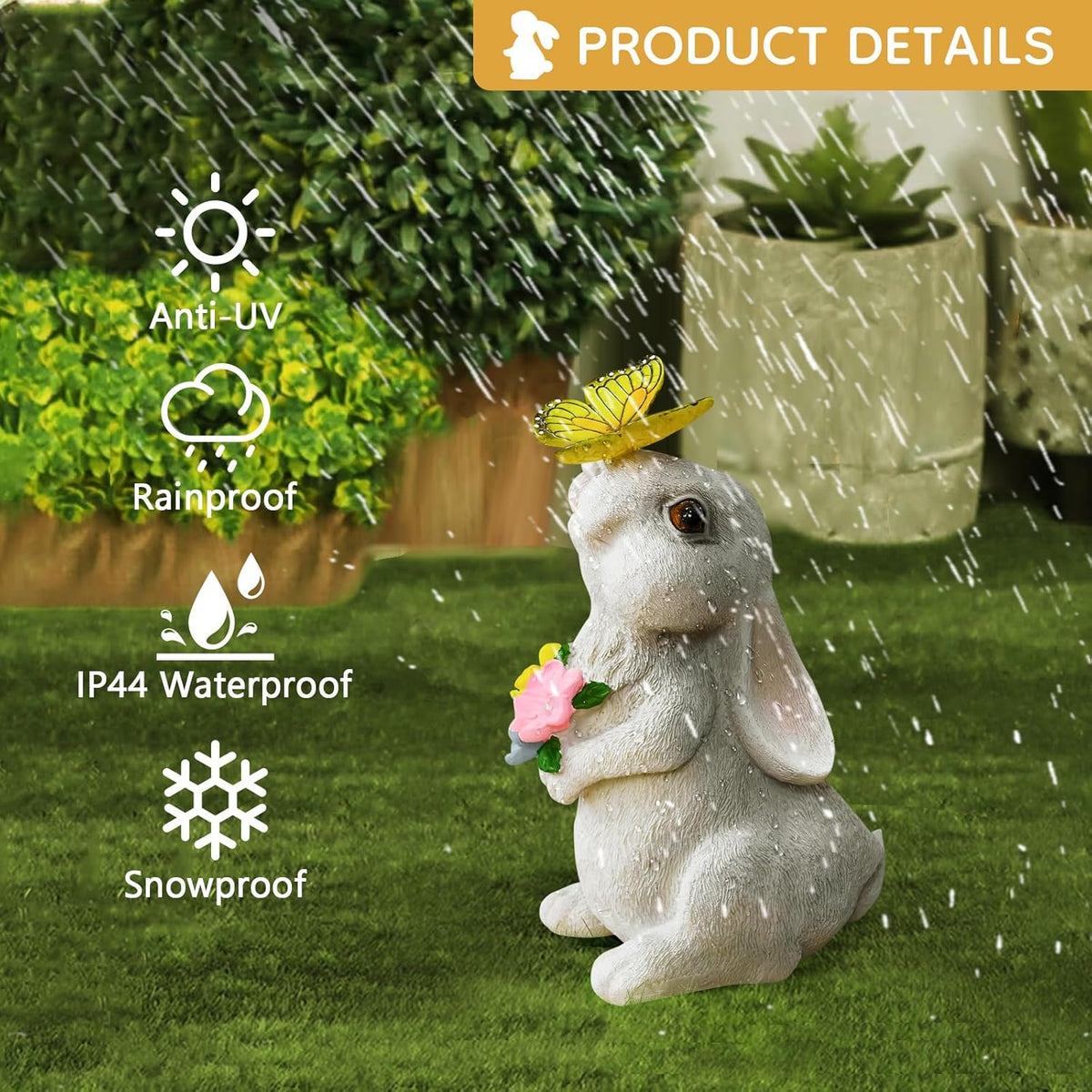Solar Bunny Statues Light with Butterfly LED - Auto On/Off Weathproof Resin Garden Figurine Decor