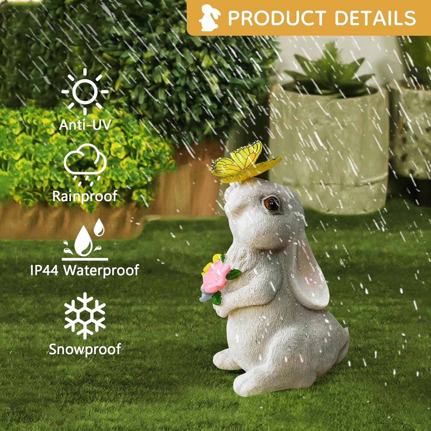 Solar Bunny Statues Light with Butterfly LED - Auto On/Off Weathproof Resin Garden Figurine Decor