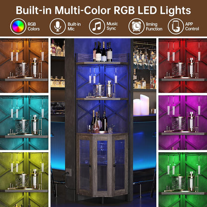 Corner Bar Cabinet with Power Outlet, 5-Tier Corner Wine Cabinet with Led Strip and Glass Holder