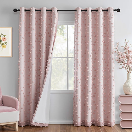 MYSKY HOME 100% Blackout Curtains for Nursery Thermal Insulated Blush Pink Pom Pom Curtain 72 Inch