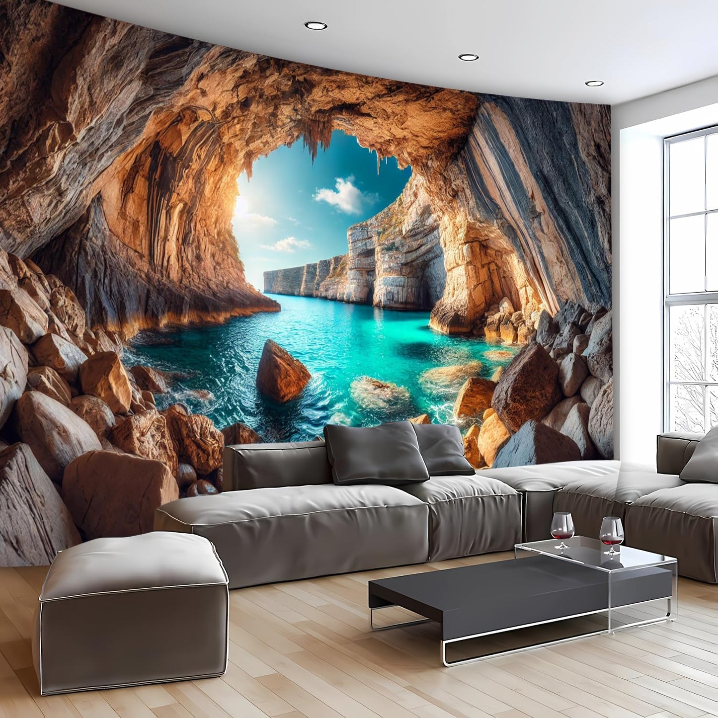 BSFHH Nature Tapestry Forest Tree Sea Cave Wall Hanging, Stream Through Rainforest Landscape Wall