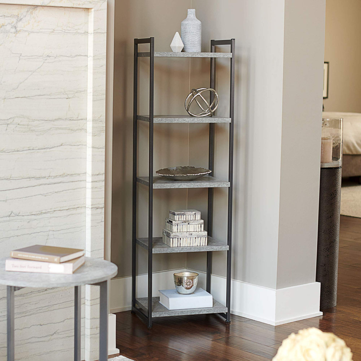 Household Essentials Slate Concrete & Iron Five-Shelf Tower Bookcase