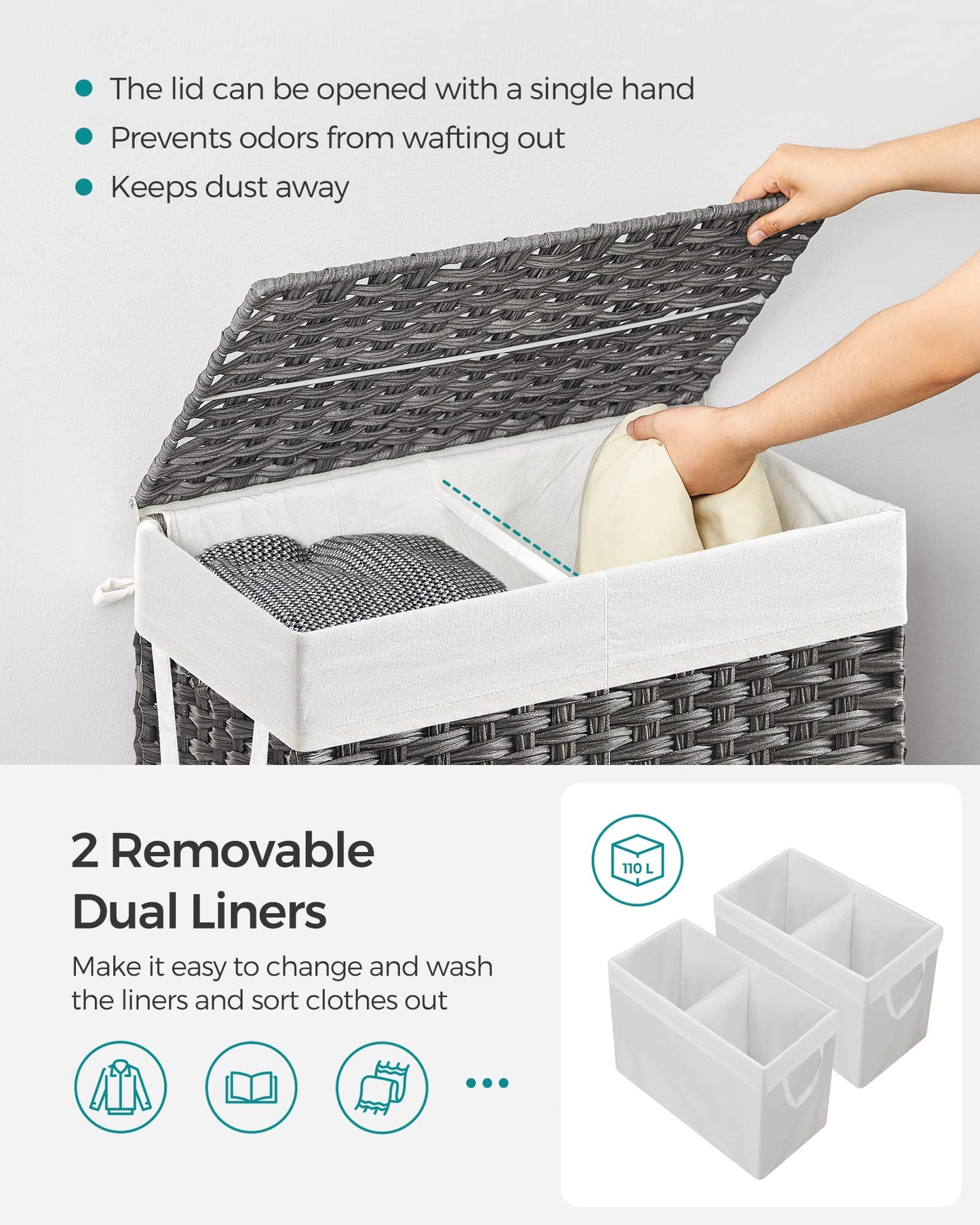 SONGMICS Laundry Hamper with Lid, 110L Double Wicker Basket, 6 Mesh Bags