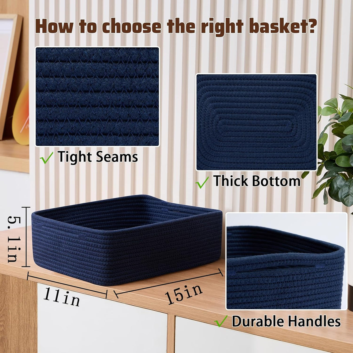 Large Shallow Organizing Baskets 15x11x5.1 Inches - Rope Woven Storage Bins for Bathroom, Shelves