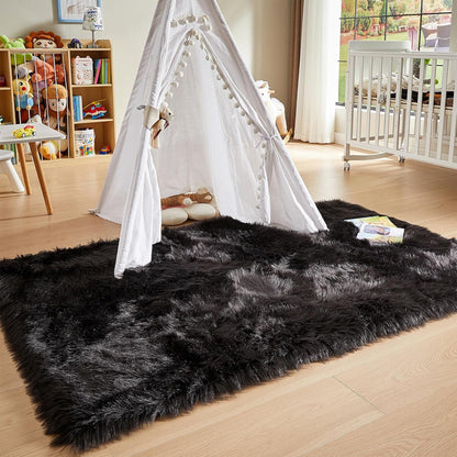 AMTOVO Faux Fur Sheepskin Rug for Living Room, 4 x 6 ft Black Fluffy Area Rug for Bedroom
