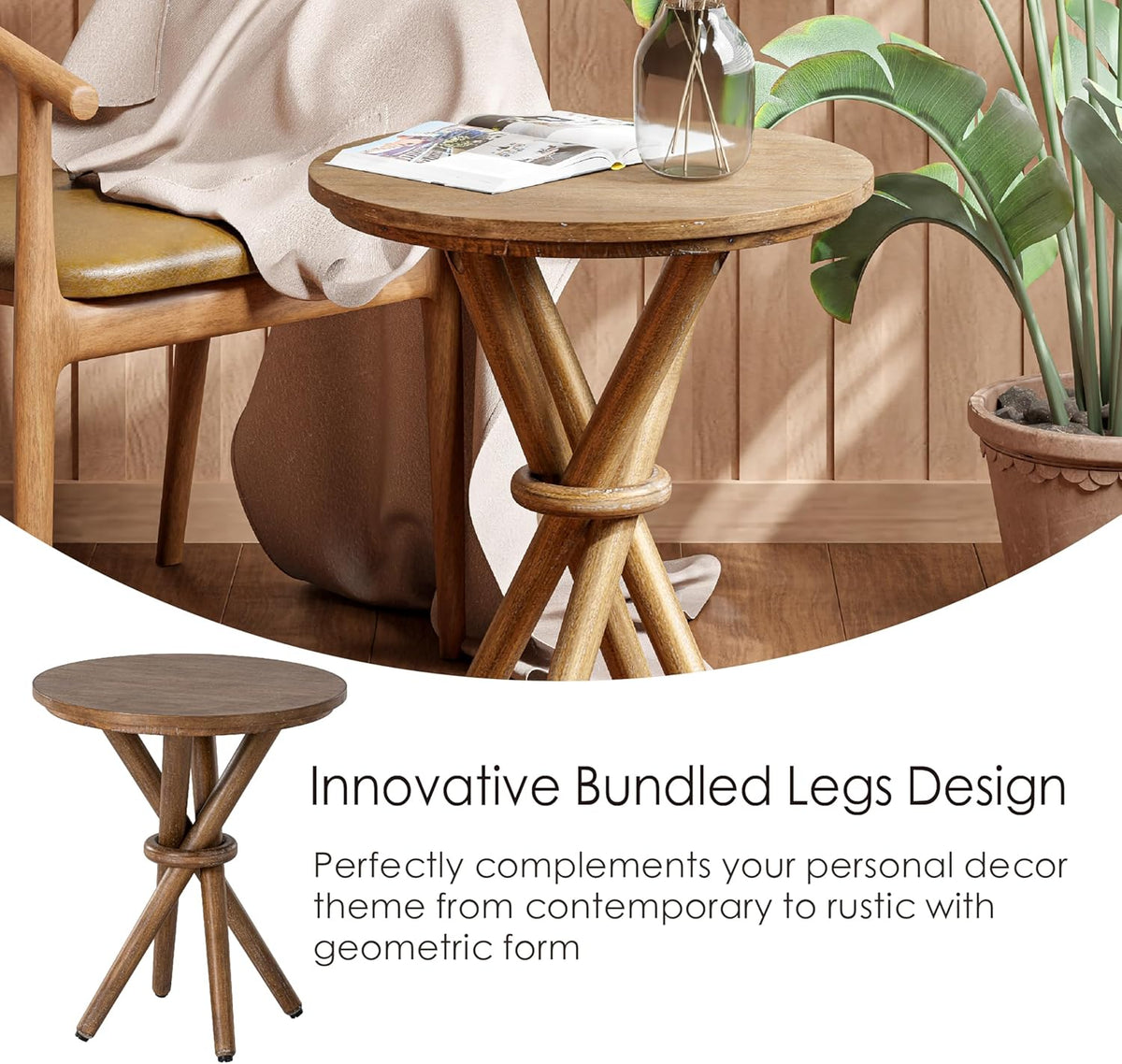 Round Wood End Table Farmhouse Wooden Side Table Rustic Plant Stand with Bundled Legs for Living