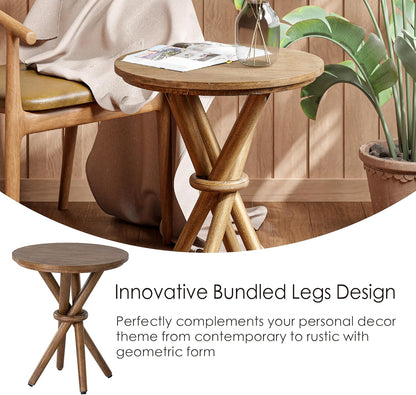 Round Wood End Table Farmhouse Wooden Side Table Rustic Plant Stand with Bundled Legs for Living