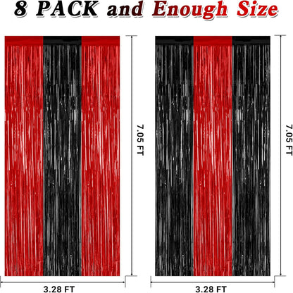 8 Pack Halloween Party Supplies, 3.28 FT x 7.05 FT Red and Black Foil Streamer, Metallic Fringe