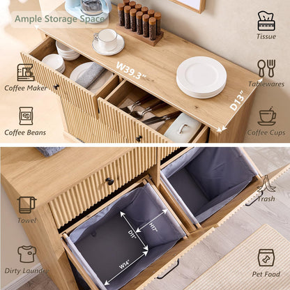 Modern Double Tilt-Out Trash Cabinet, 20 Gallon Fluted Laundry Hamper Cabinet with 2 Drawers