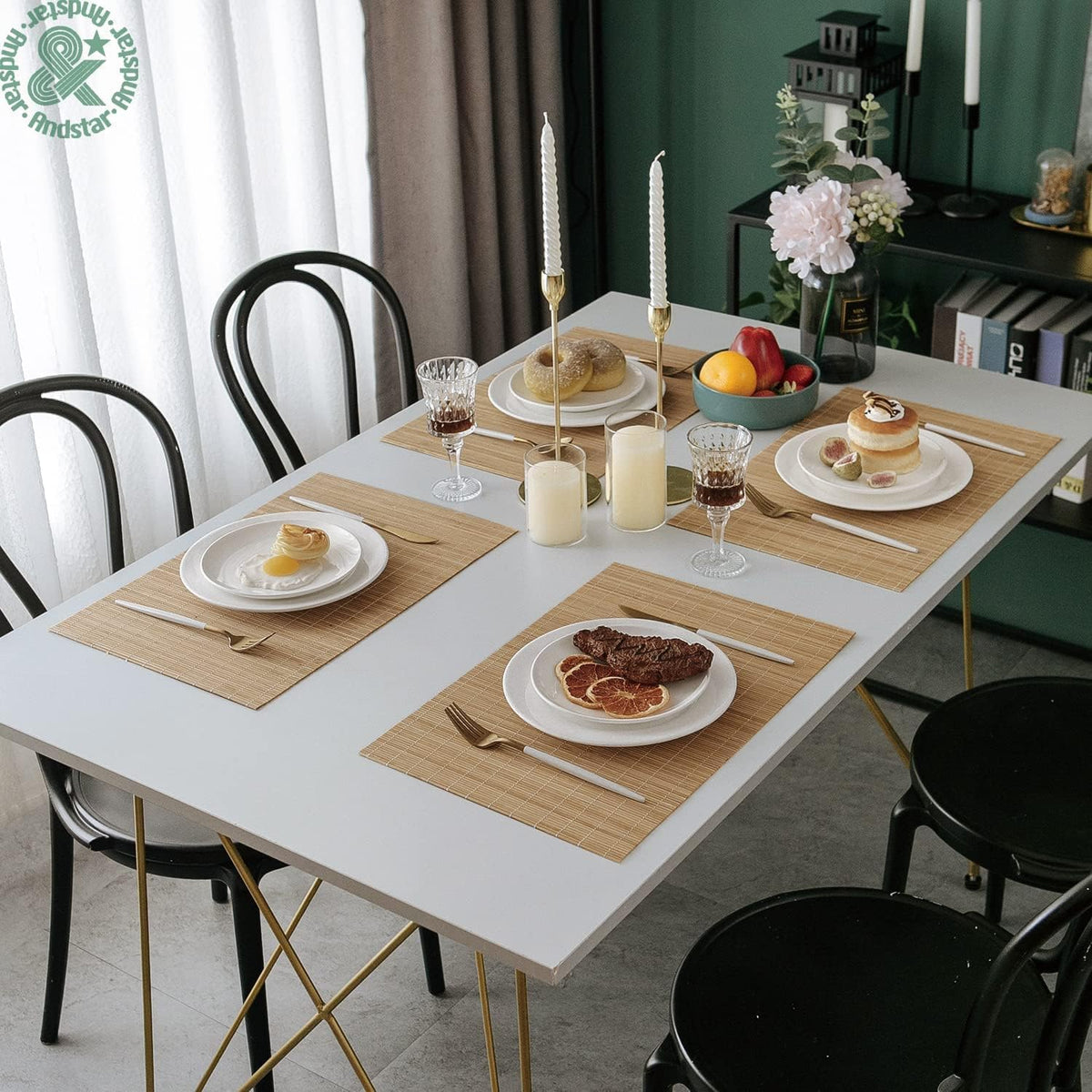 ANDSTAR Set of 12 Pcs Bamboo Placemats - Natural & Brown & Black, Anti-Slip, Heat-Resistant