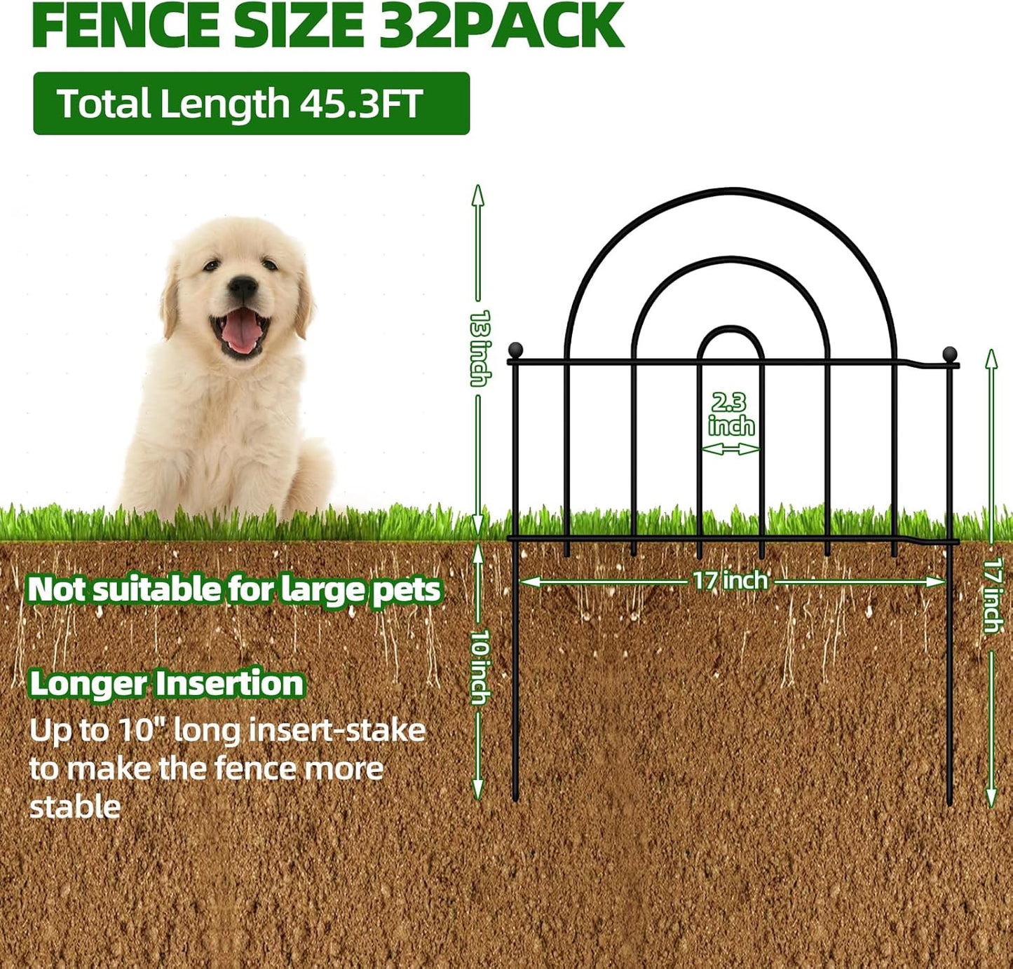 Decorative Garden Fence, 32 Panels No Dig Fence 45.3ft(L) x13in(H) Animal Barrier for Dog Rabbit