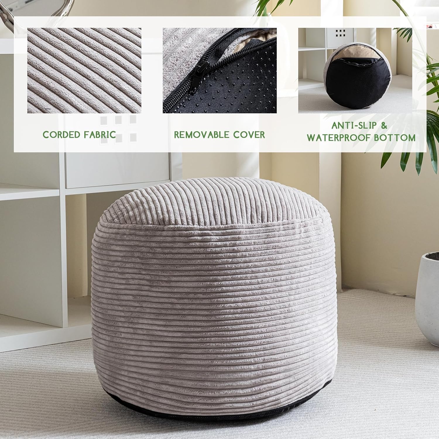 HIGOGOGO Round Stuffed Pouf Ottoman, Corduroy Poufs with Foam Chunk Filling, Furry and Fluffy Pouf