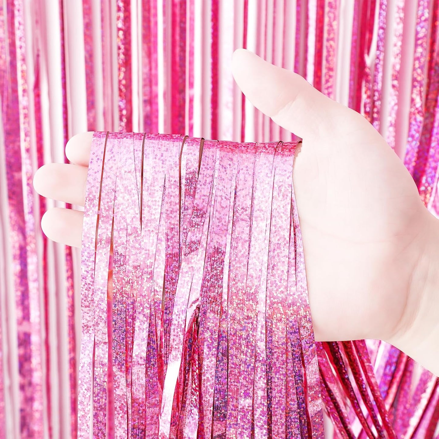 3 Pack 3.3x8.2 Feet Laser Pink Foil Fringe Backdrop Curtains, Tinsel Streamers Birthday Party