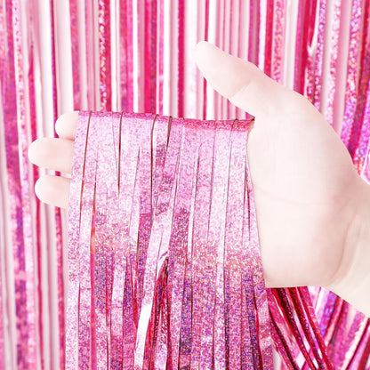 3 Pack 3.3x8.2 Feet Laser Pink Foil Fringe Backdrop Curtains, Tinsel Streamers Birthday Party