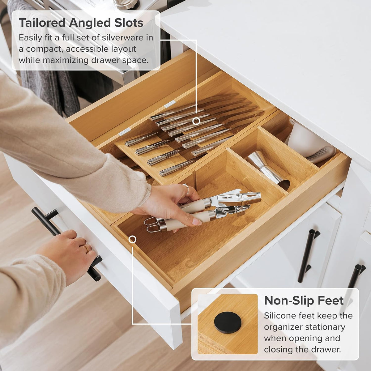 Premium Silverware and Utensil Drawer Organizers – Slanted 3-Compartment and 5-Compartment Design