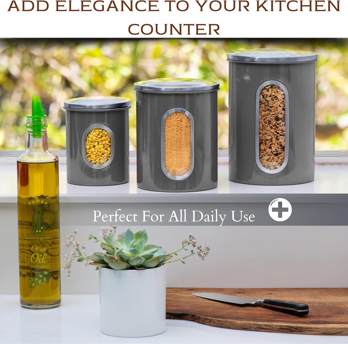 Moss & Stone 3-Piece Gray Canisters Sets For The Kitchen, Airtight Canister Set With See Through
