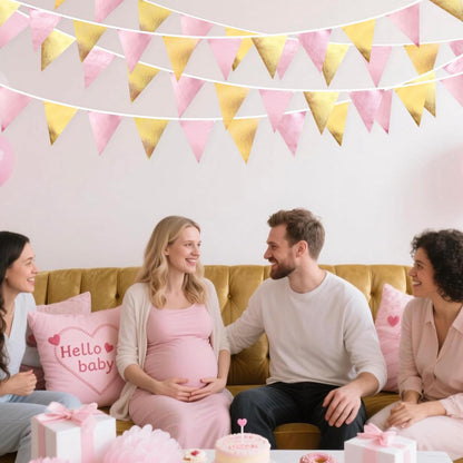 Pink Gold Party Decoration Metallic Fabric Light Pink Gold Triangle Pennant Banner Flag Bunting