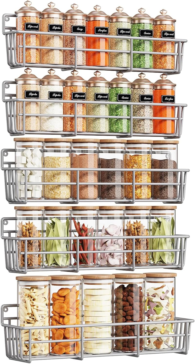 5 Pack Spice Rack Seasoning Organizer Wall Mount, Screw or Adhesive Hanging Shelf Basket Spice