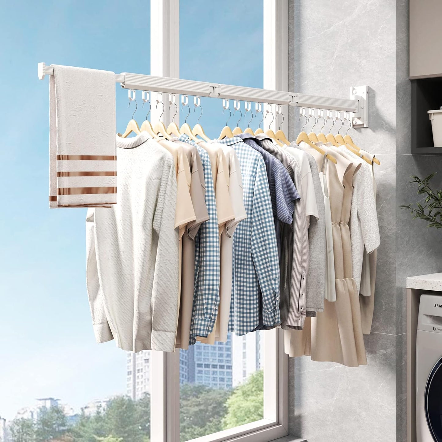 Wall Mounted Clothes Drying Rack, Retractable Laundry Rack for Hanging Clothes, Collapsible
