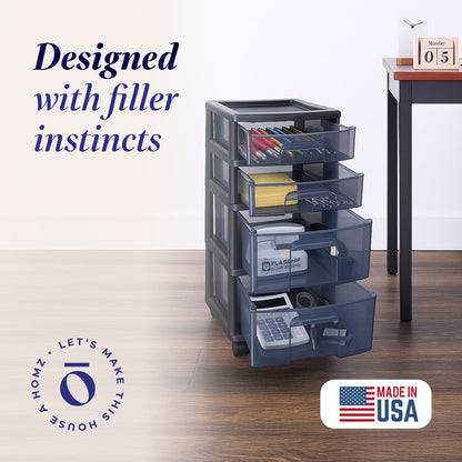 HOMZ Drawer Tower, 4-Tier Storage Cart with Removable Wheels, Black Frame