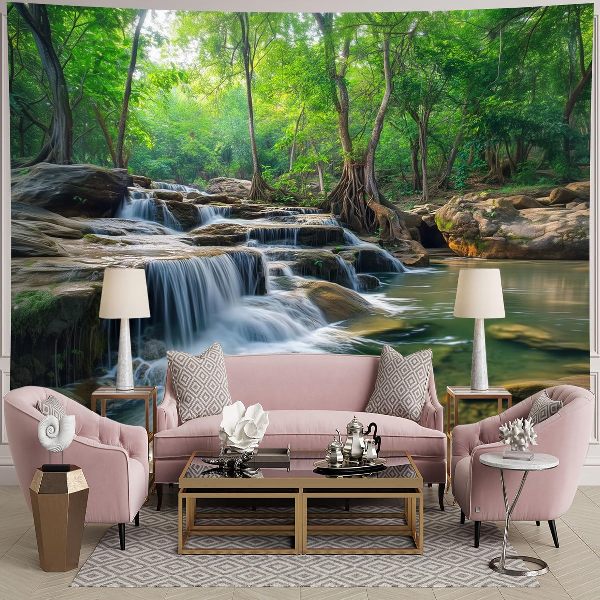 BSFHH Nature Tapestry Forest Tree Sea Cave Wall Hanging, Stream Through Rainforest Landscape Wall
