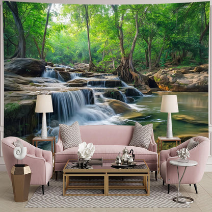 BSFHH Nature Tapestry Forest Tree Sea Cave Wall Hanging, Stream Through Rainforest Landscape Wall