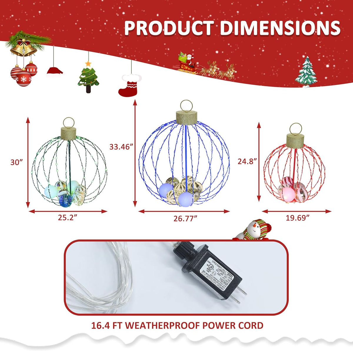 Outdoor Christmas Decorations, Set of 3 Lighted Christmas Ball Ornaments with 570 LED Lights, 6