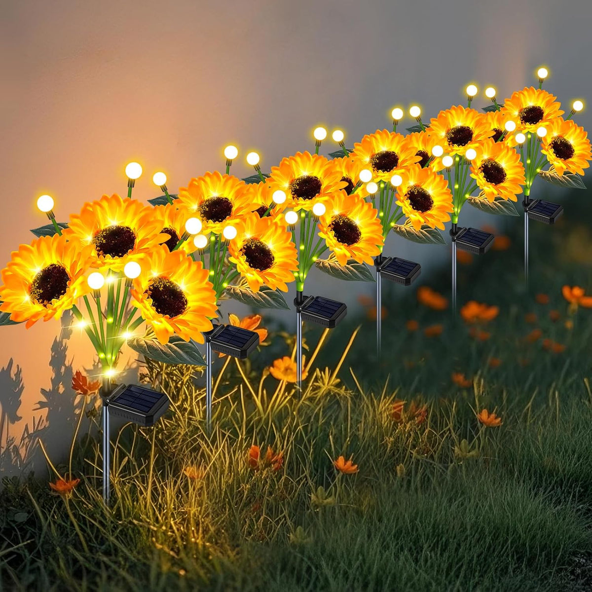 Solar Sunflower Lights Outdoor Waterproof - 6 Pack Solar Powered Sunflowers with Firefly Solar