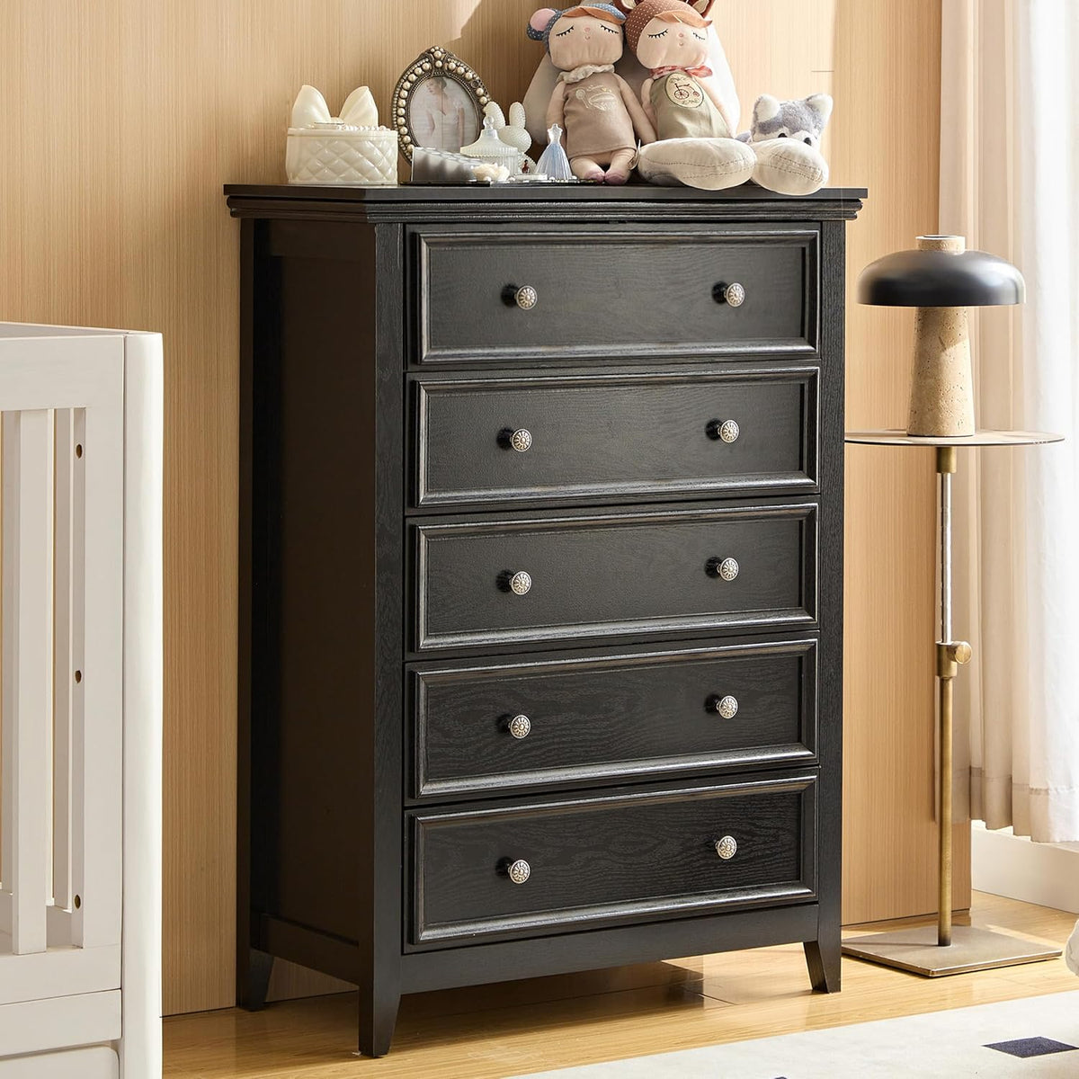 BLANKSPACE Black 5 Drawer Dresser, Modern Dresser for Bedroom, Wood Drawer Organizer with Metal