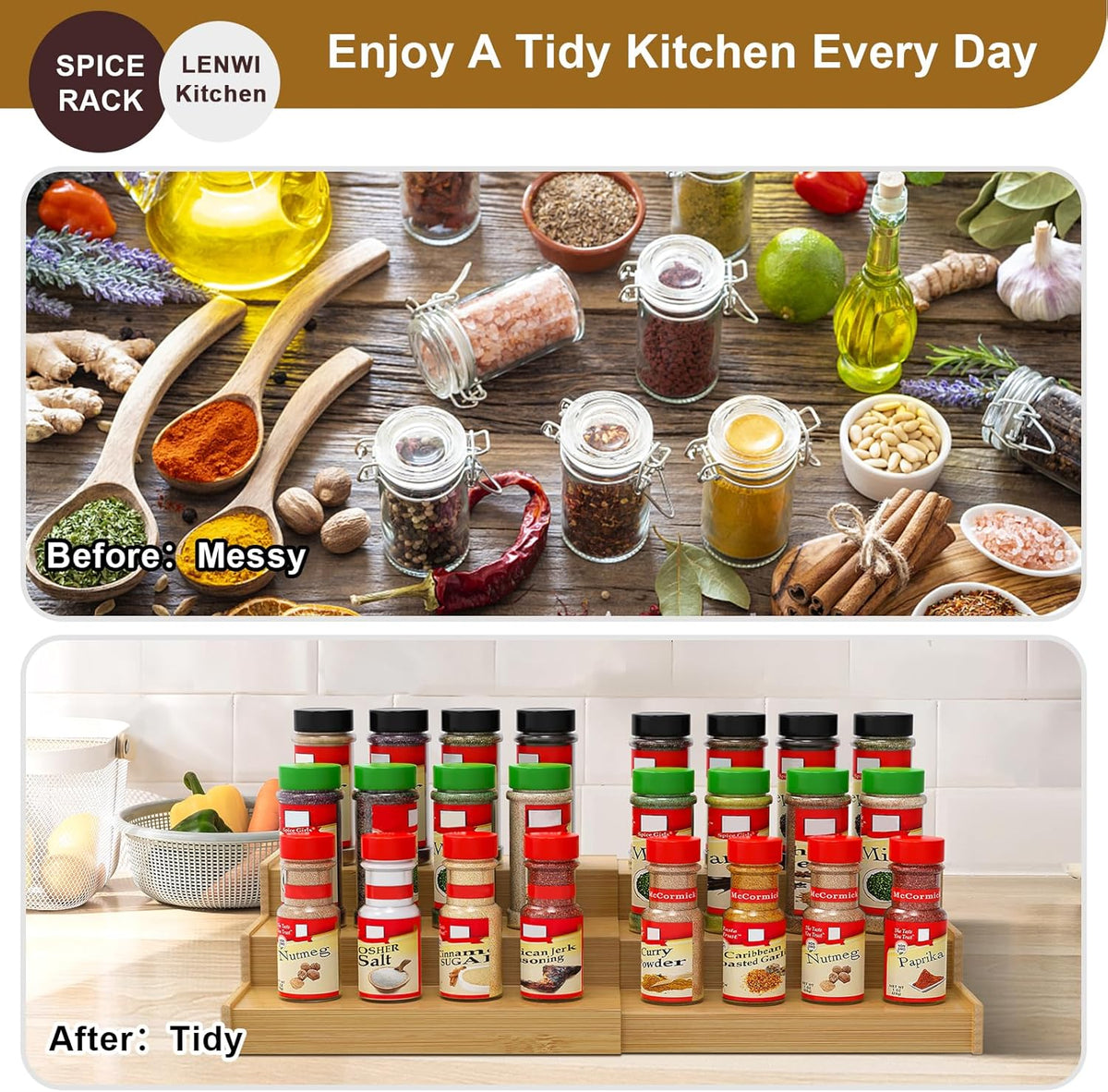Spice Rack Organizer for Cabinet, 3 Tier Expandable Bamboo Spice Storage, Great for Kitchen