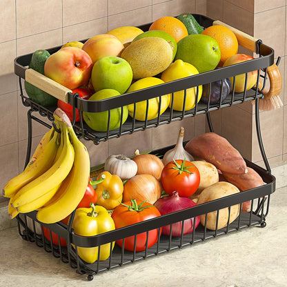 2 Tier Fruit Basket for Kitchen Counter with 2 Mobile Banana Hangers, 2025 Pro Detachable Metal