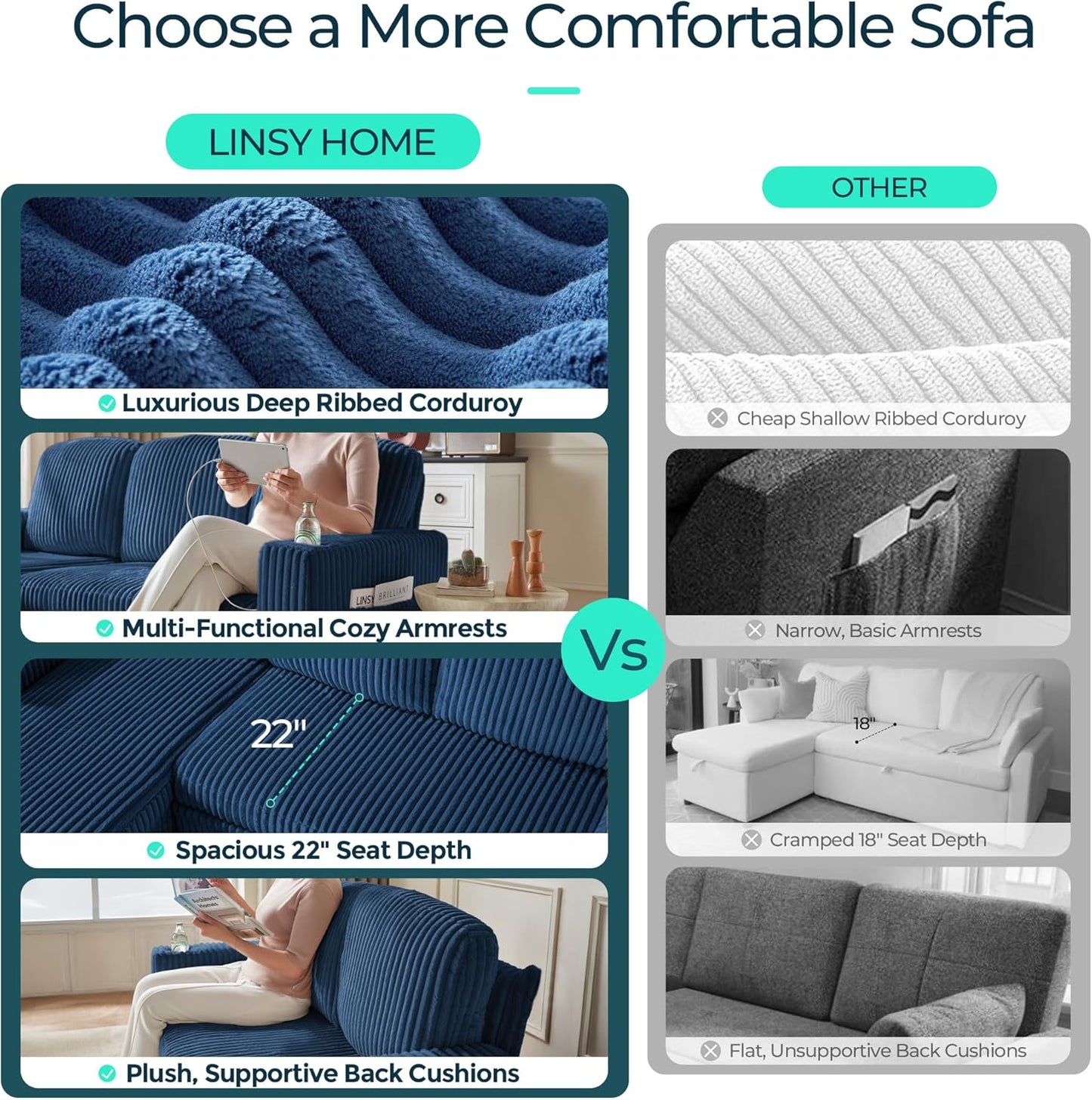 LINSY HOME Sectional Sleeper Sofa with Pull Out Couch Bed - Convertible Plush Corduroy Cloud Couch